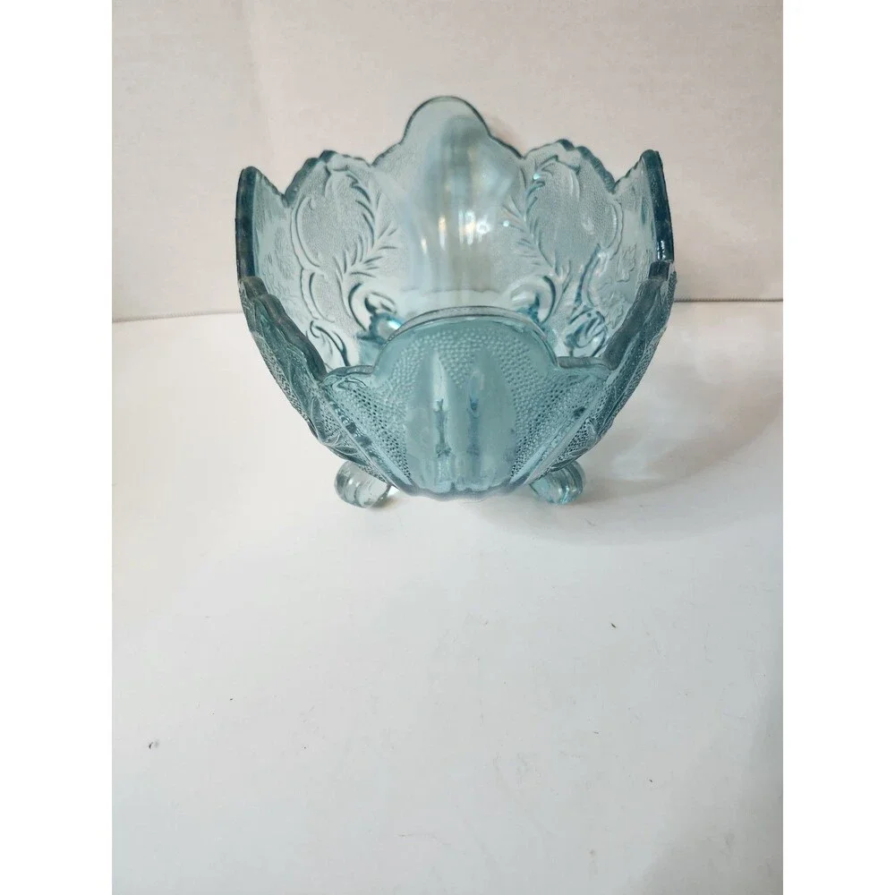 Vintage Glass Blue Center Table Bowl Footed Leaf Design